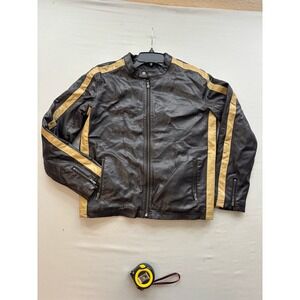 New York Classics Mens Brown Faux Leather Cafe Racer Jacket Tan Stripes Large